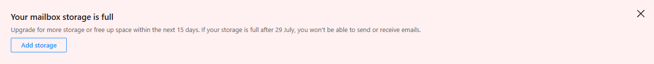 Yahoo Mail banner: Your mailbox storage is full. Upgrade for more storage or free up space within the next 15 days; if your storage is full after 29 July you will not be able to send or receive emails. Button: Add storage.